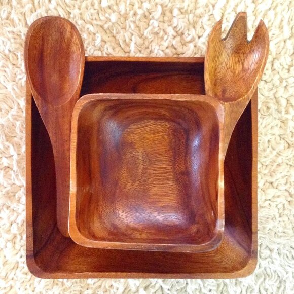 VINTAGE MCM Teak or Monkeypod Serving Set; Bowls, Spoon and Fork. Classic Style - Picture 1 of 5